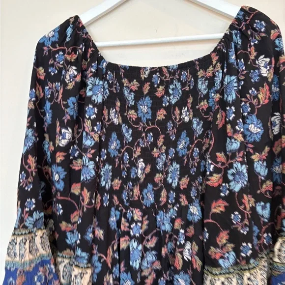 Angie Floral Flare Sleeve Blue Ruffle Smocked Boho Cottagecore Dress Size M - Picture 16 of 16
